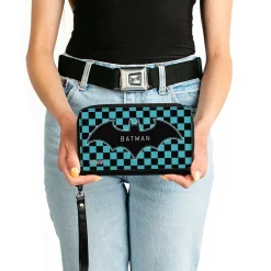 Women's PU Zip Around Wallet Rectangle - BATMAN Bat Logo Close-Up Checker Teal Black