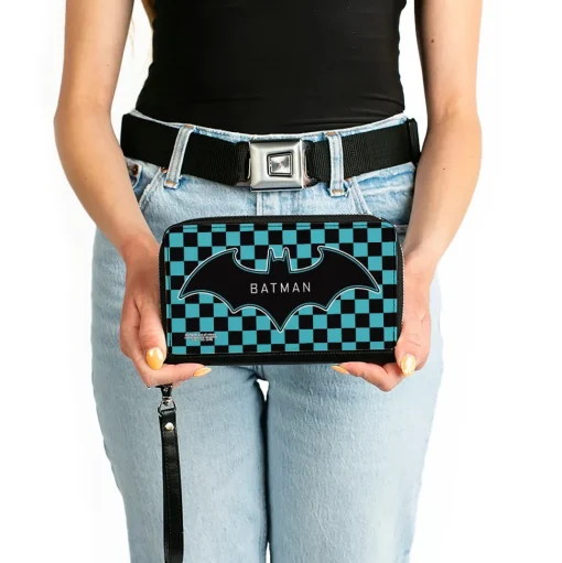 Women's PU Zip Around Wallet Rectangle - BATMAN Bat Logo Close-Up Checker Teal Black