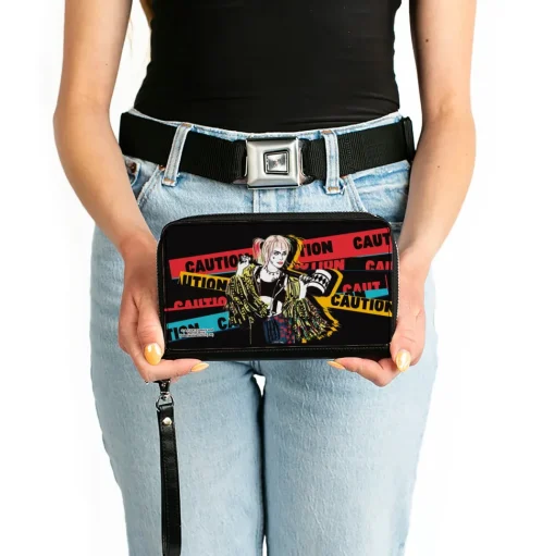 Women's PU Zip Around Wallet Rectangle - Birds of Prey Harley Quinn CAUTION Hammer Pose Black Red Yellow Blue