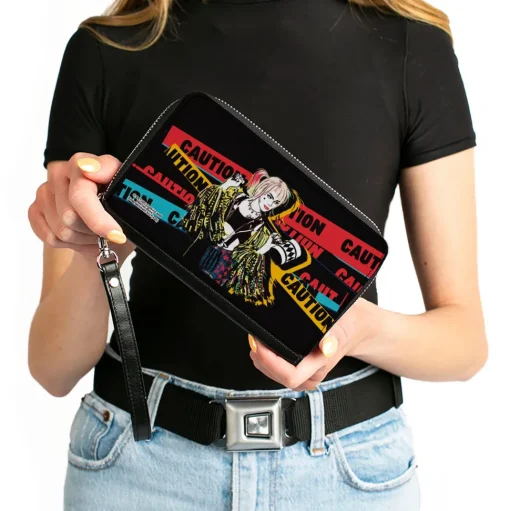 Women's PU Zip Around Wallet Rectangle - Birds of Prey Harley Quinn CAUTION Hammer Pose Black Red Yellow Blue