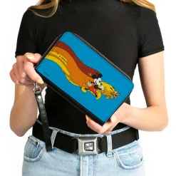 Women's PU Zip Around Wallet Rectangle - Mickey Mouse and Pluto Action Wave Pose Blue Red Orange Yellow