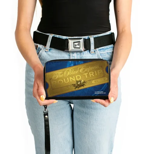 Women's PU Zip Around Wallet Rectangle - THE POLAR EXPRESS ROUND TRIP Train Ticket Blues Golds