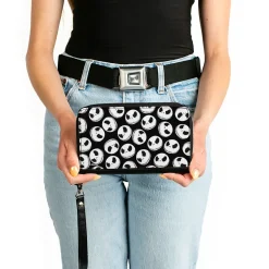 Women's PU Zip Around Wallet Rectangle - The Nightmare Before Christmas Jack Expression9 Scattered Black White