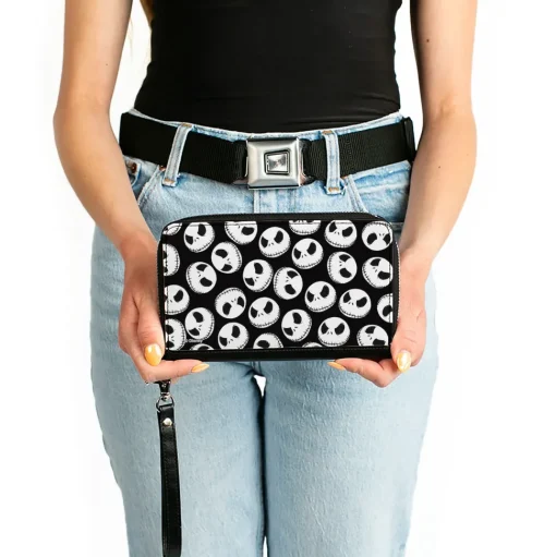Women's PU Zip Around Wallet Rectangle - The Nightmare Before Christmas Jack Expression9 Scattered Black White