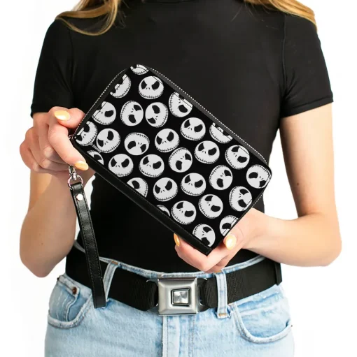Women's PU Zip Around Wallet Rectangle - The Nightmare Before Christmas Jack Expression9 Scattered Black White