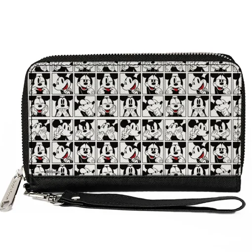Women's PU Zip Around Wallet Rectangle - Mickey Mouse Expression Blocks White Black Red