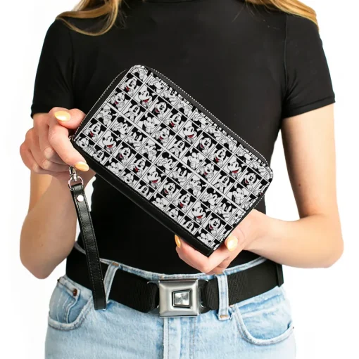 Women's PU Zip Around Wallet Rectangle - Mickey Mouse Expression Blocks White Black Red