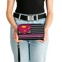 Women's PU Zip Around Wallet Rectangle - Superman Shield Americana Stripes Gray Black Pinks Yellow