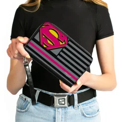 Women's PU Zip Around Wallet Rectangle - Superman Shield Americana Stripes Gray Black Pinks Yellow