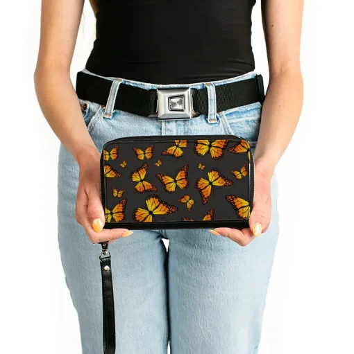 Women's PU Zip Around Wallet Rectangle - Monarch Butterflies Scattered Gray