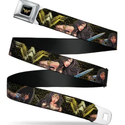 Wonder Woman 2017 Icon Full Color Black/Gold Seatbelt Belt - Wonder Woman 2017 Icon/3-Sketch Poses Black/Gold Webbing