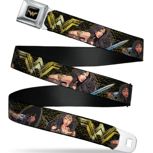 Wonder Woman 2017 Icon Full Color Black/Gold Seatbelt Belt - Wonder Woman 2017 Icon/3-Sketch Poses Black/Gold Webbing