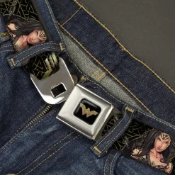 Wonder Woman 2017 Icon Full Color Black/Gold Seatbelt Belt - Wonder Woman 2017 Icon/3-Sketch Poses Black/Gold Webbing