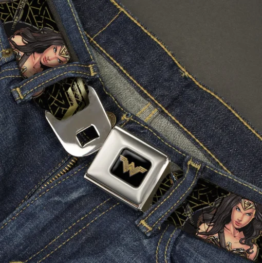 Wonder Woman 2017 Icon Full Color Black/Gold Seatbelt Belt - Wonder Woman 2017 Icon/3-Sketch Poses Black/Gold Webbing