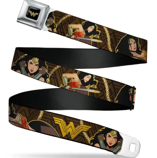 Wonder Woman 2017 Icon Full Color Black/Gold Seatbelt Belt - Wonder Woman 2017 Icon/3-Poses/Lasso of Truth Black/Brown/Golds Webbing
