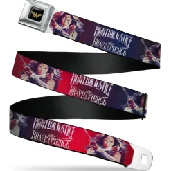 Wonder Woman 2017 Icon Full Color Black/Gold Seatbelt Belt - Wonder Woman Deflection Pose FIGHT FOR JUSTICE-BE BRAVE AND FIERCE Weathered Reds/Blues/White Webbing