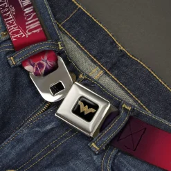 Wonder Woman 2017 Icon Full Color Black/Gold Seatbelt Belt - Wonder Woman Deflection Pose FIGHT FOR JUSTICE-BE BRAVE AND FIERCE Weathered Reds/Blues/White Webbing