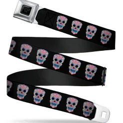 Wonder Woman Black Silver Seatbelt Belt - Wonder Woman Floral Skull Black/Multi Pastel Webbing