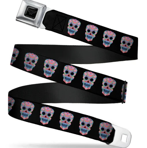 Wonder Woman Black Silver Seatbelt Belt - Wonder Woman Floral Skull Black/Multi Pastel Webbing