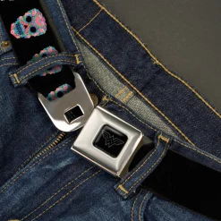 Wonder Woman Black Silver Seatbelt Belt - Wonder Woman Floral Skull Black/Multi Pastel Webbing