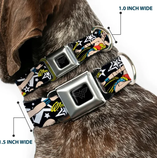 Wonder Woman Black Silver Seatbelt Buckle Collar - Wonder Woman/StarsÂ Black/White