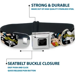 Wonder Woman Black Silver Seatbelt Buckle Collar - Wonder Woman/StarsÂ Black/White