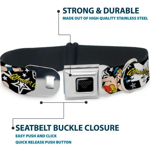 Wonder Woman Black Silver Seatbelt Buckle Collar - Wonder Woman/StarsÂ Black/White