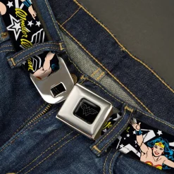 Wonder Woman Black Silver Seatbelt Belt - Wonder Woman/StarsÂ Black/White Webbing