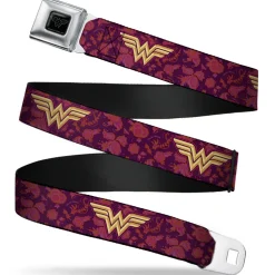 Wonder Woman Black Silver Seatbelt Belt - Wonder Woman Logo/Floral Collage Purple/Pinks/Gold Webbing