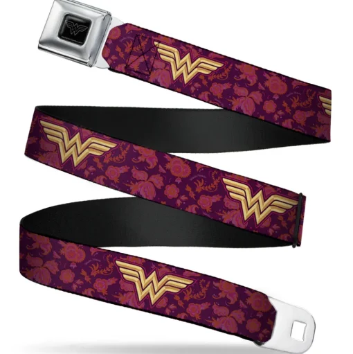 Wonder Woman Black Silver Seatbelt Belt - Wonder Woman Logo/Floral Collage Purple/Pinks/Gold Webbing