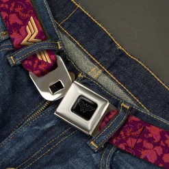 Wonder Woman Black Silver Seatbelt Belt - Wonder Woman Logo/Floral Collage Purple/Pinks/Gold Webbing