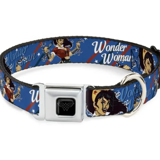 Wonder Woman Logo Black/Silver Seatbelt Buckle Collar - WONDER WOMAN/Bombshell Pose Blue/Red/White
