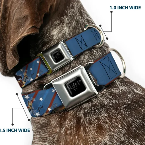 Wonder Woman Logo Black/Silver Seatbelt Buckle Collar - WONDER WOMAN/Bombshell Pose Blue/Red/White