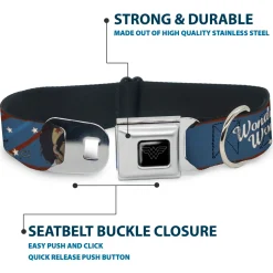 Wonder Woman Logo Black/Silver Seatbelt Buckle Collar - WONDER WOMAN/Bombshell Pose Blue/Red/White