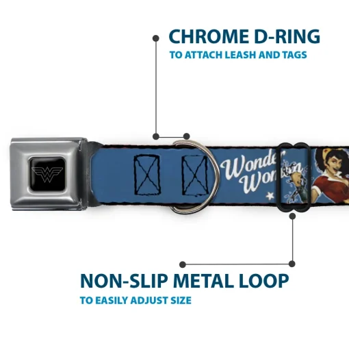 Wonder Woman Logo Black/Silver Seatbelt Buckle Collar - WONDER WOMAN/Bombshell Pose Blue/Red/White