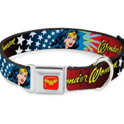 Wonder Woman Logo Full Color Red Seatbelt Buckle Collar - Wonder Woman Face w/Stars