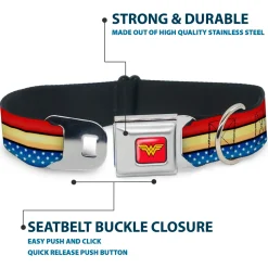 Wonder Woman Logo Full Color Red Seatbelt Buckle Collar - Wonder Woman Stripe/Stars Red/Gold/Blue/White