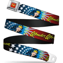 Wonder Woman Logo Full Color Red Seatbelt Belt - Wonder Woman Face w/Stars Webbing