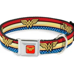 Wonder Woman Logo Full Color Red Seatbelt Buckle Collar - Wonder Woman Logo Stripe/Stars Red/Gold/Blue/White