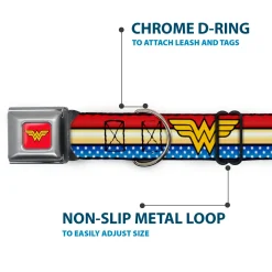 Wonder Woman Logo Full Color Red Seatbelt Buckle Collar - Wonder Woman Logo Stripe/Stars Red/Gold/Blue/White