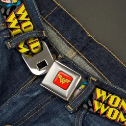 Wonder Woman Logo Full Color Red Seatbelt Belt - WONDER WOMAN w/Face CLOSE-UP Leopard Black/Gray Webbing
