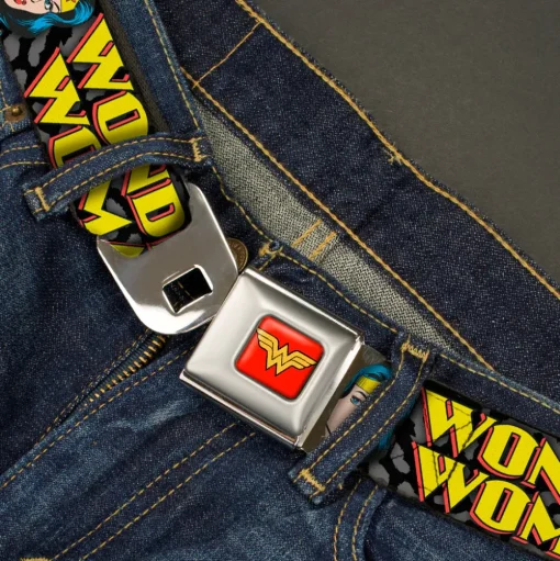Wonder Woman Logo Full Color Red Seatbelt Belt - WONDER WOMAN w/Face CLOSE-UP Leopard Black/Gray Webbing