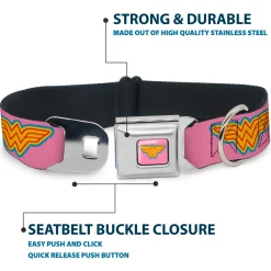 Wonder Woman Logo Pink/Blue/Yellow/Pink Seatbelt Buckle Collar - Wonder Woman Logo Pink/Blue/Yellow/Pink