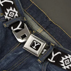 Yellowstone Y Logo Full Color Black/White Seatbelt Belt - Yellowstone Dutton Ranch and Native American Icons Black/White Webbing