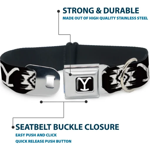 Yellowstone Y Logo Full Color Black/White Seatbelt Buckle Collar - Yellowstone Dutton Ranch and Native American Icons Black/White