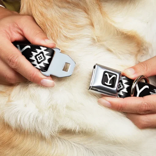 Yellowstone Y Logo Full Color Black/White Seatbelt Buckle Collar - Yellowstone Dutton Ranch and Native American Icons Black/White