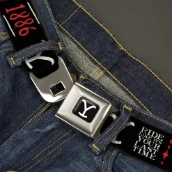 Yellowstone Y Logo Full Color Black/White Seatbelt Belt - YELLOWSTONE Dutton Ranch 1886 Icons Black/White/Red Webbing