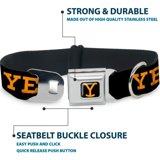 Yellowstone Y Logo Full Color Black/Orange Seatbelt Buckle Collar - YELLOWSTONE Text and Y Logo Weathered Black/Orange