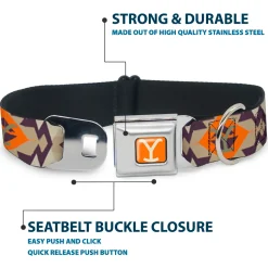 Yellowstone Y Logo Weathered Full Color Orange/Beige Seatbelt Buckle Collar - Yellowstone Y Logo Native American Tribal Tans/Blue/Orange
