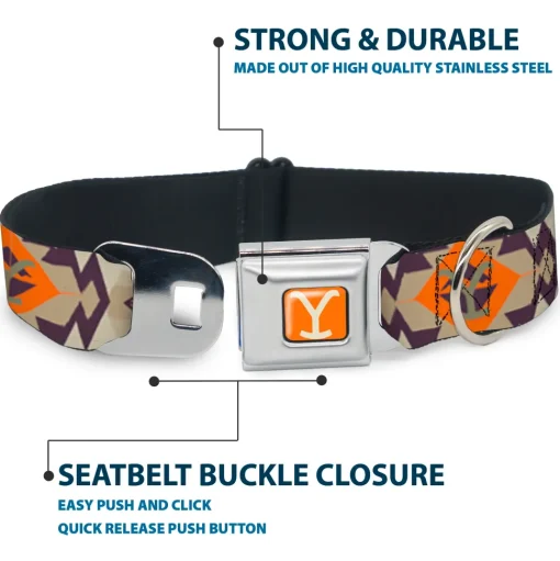 Yellowstone Y Logo Weathered Full Color Orange/Beige Seatbelt Buckle Collar - Yellowstone Y Logo Native American Tribal Tans/Blue/Orange